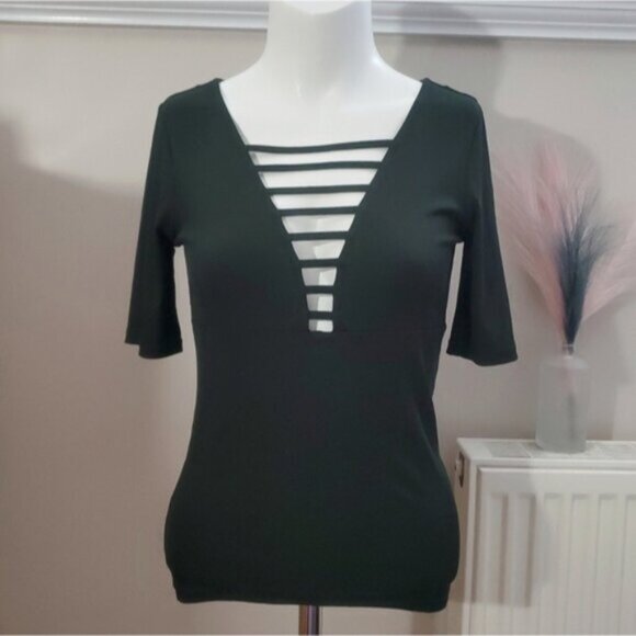 H&M White Label Strappy Deep V ½" Sleeve Hunter Green Ribbed Top- XS - Picture 1 of 5